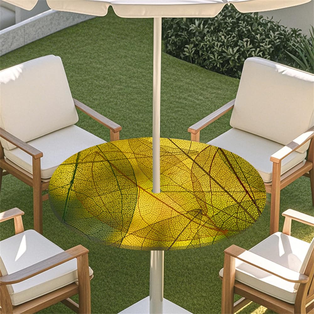 Surwin Outdoor Round Tablecloth with Parasol Umbrella Hole Zipper, Elastic Edge Fitted Protector Round Table Cloth Waterproof Table Cover for Garden BBQ Party -Summer Leaf (Yellow,M(91-112cm)