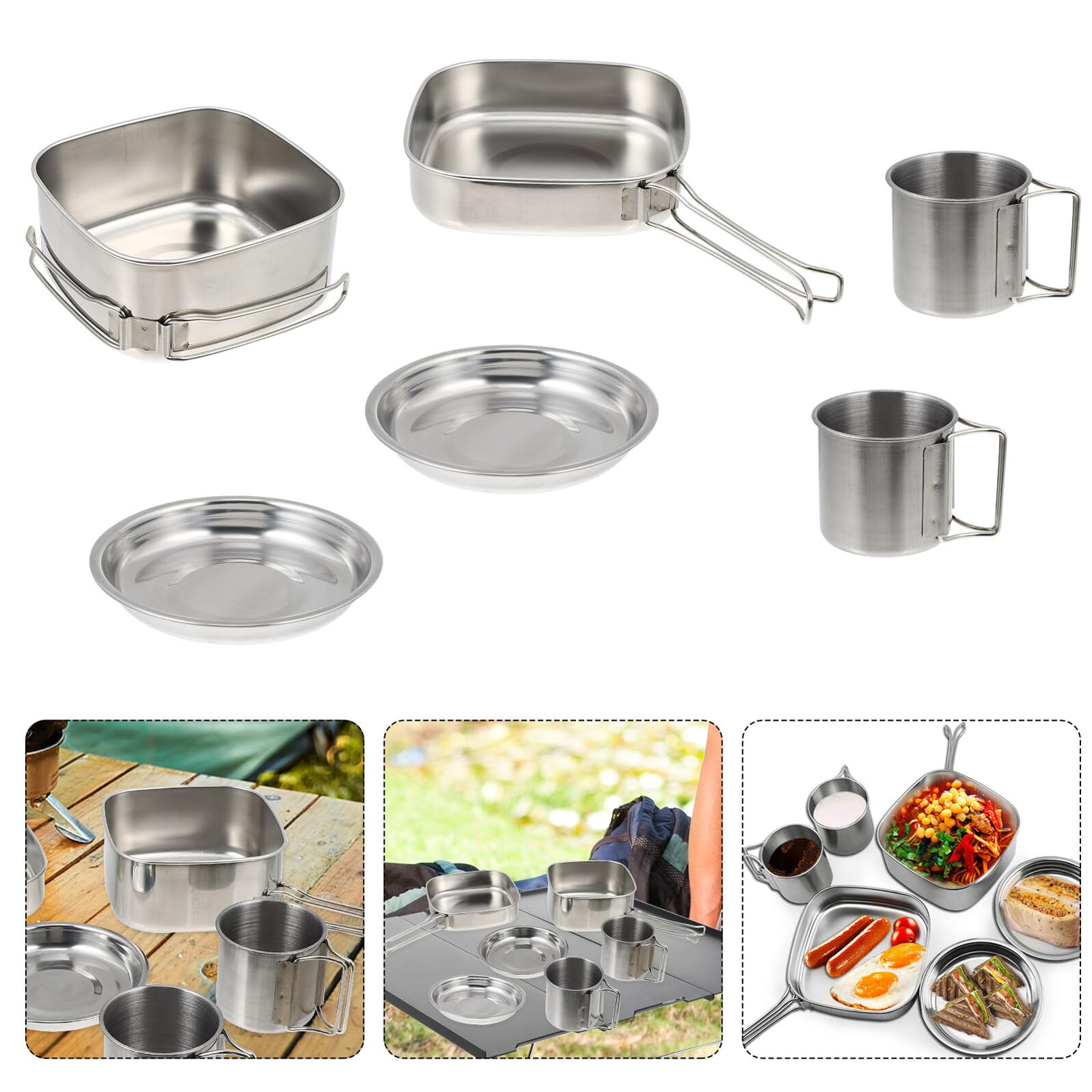 Alipis Set de Cuisson Camping Acier Inoxydable Vaisselle Portable pour Pique- et Randonnée Ustensiles Durables avec Poignées Pliables Matériel de Cuisson Extérieur Pratique