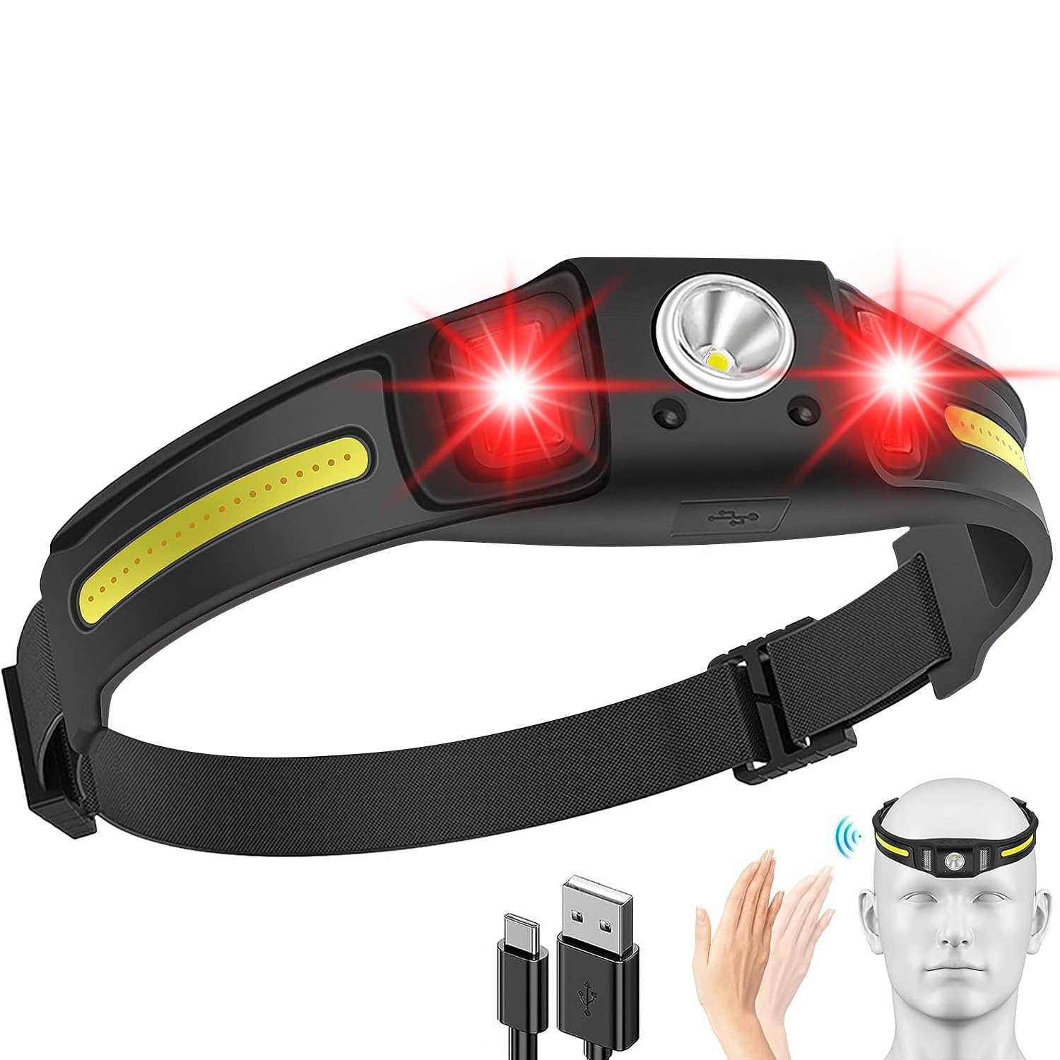 Angju Headlamp Rechargeable, Bright LED Headlamp Flashlight 650 Lumen 270° Wide Beam Head Lamp LED with Motion Sensor,Camping Lights Accessories Gear, IPX4 Waterproof Head Light, Camping, Hiking