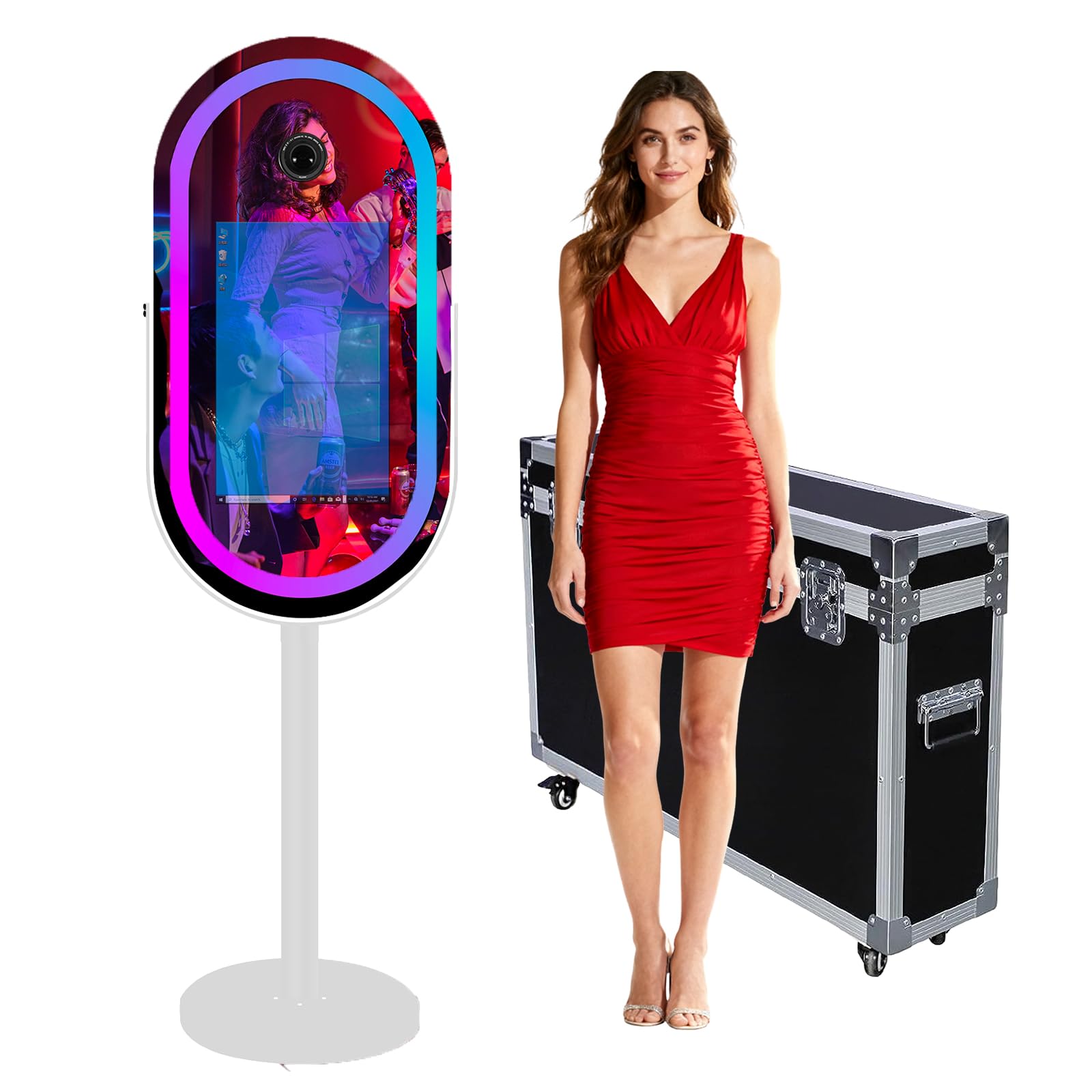 Eliptyczne lustro fotobudka do selfie ramka LED przenośna 54.6 cm ekran dotykowy magiczne lustro budka maszyna na imprezy weselne ze światłem RGB (białe, fotobudka)