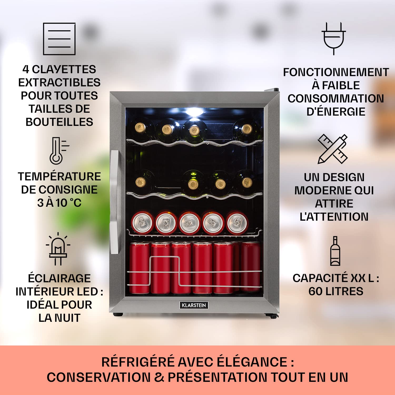 KLARSTEIN Mini Frigo 60L Silencieux pour Chambre Bureau Boisson Camping