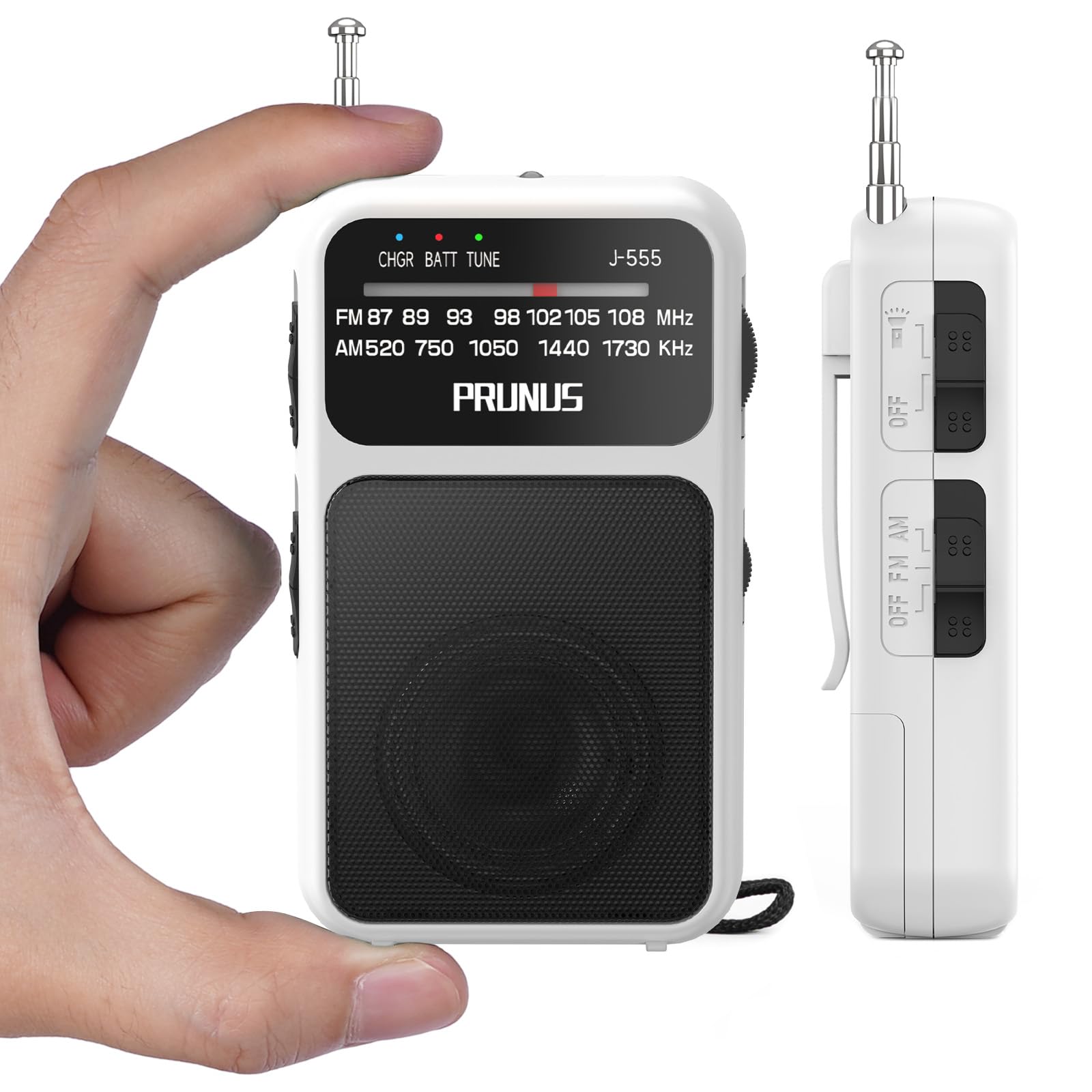 J-555 Pocket Radio AM FM USB-C Charging& Battery Operated, Excellent Reception Clear Speaker and Earphone Jack, Back Clip, Flashlight, Transistor, Portable AM FM, Mini(White)
