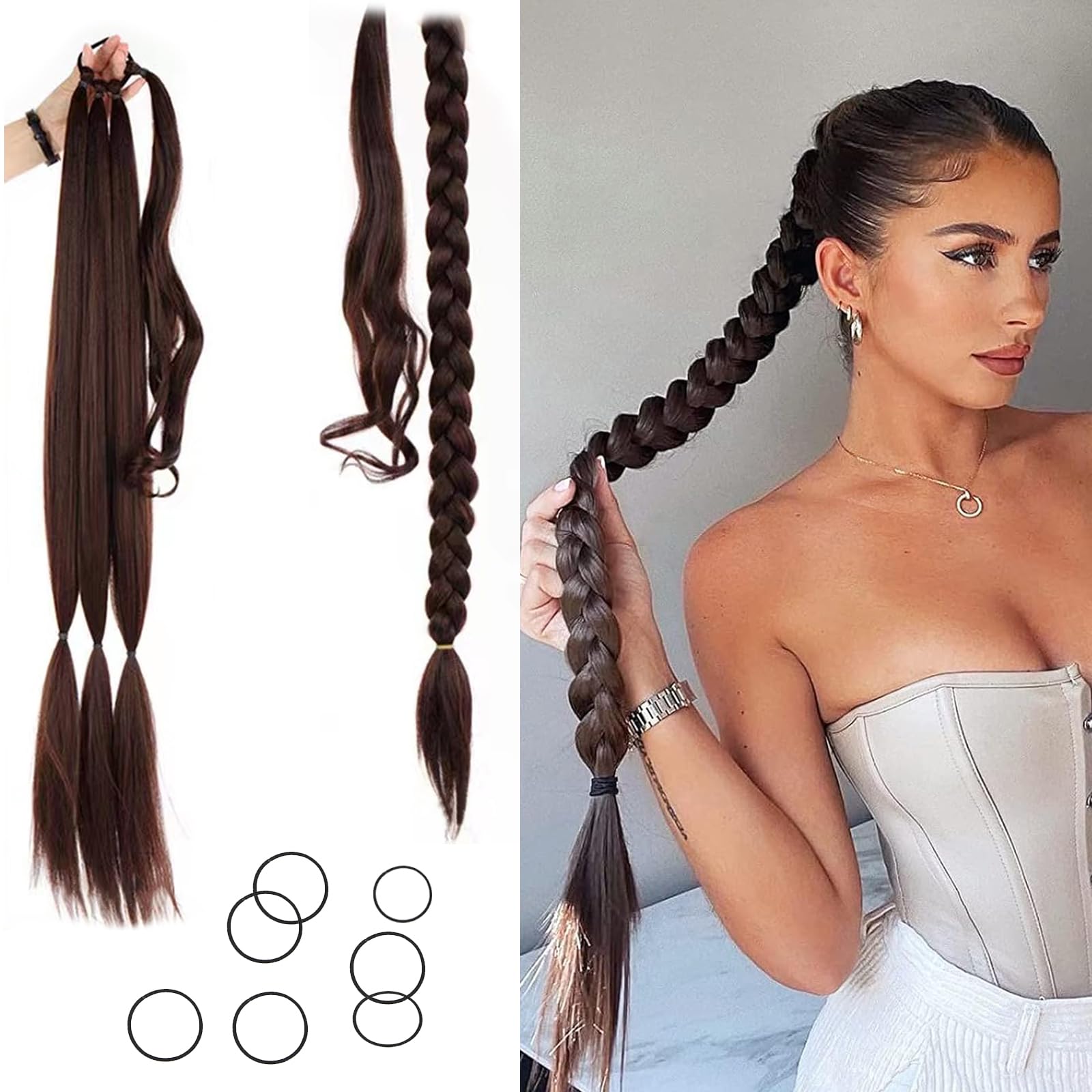 Trenza Postiza,Extensiones Pelo Natural Marrón,Extensiones Coleta Postiza Pelo Natural,Extensiones para Trenzas Trencitas,Coleta Postiza Cola de Caballo con Gomas Pelo para la Fiesta Diaria