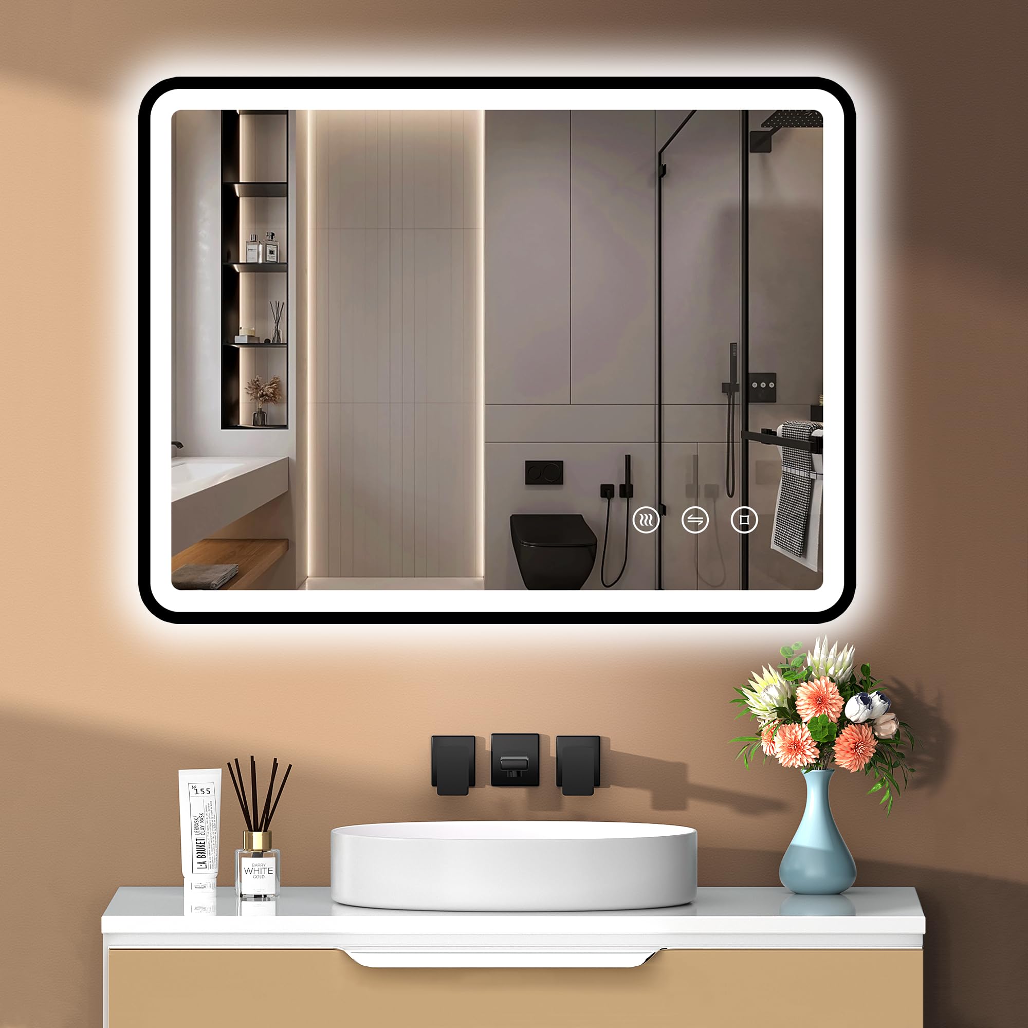 PESENXAN 80 x 60 cm LED Badspiegel mit Beleuchtung – Dimmbare, Antibeschlag & IP44 Wasserdicht, 3 Einstellbare Lichtfarben, Speicherfunktion, Schwarz Aluminiumrahmen, Horizontal/Vertikal Montage