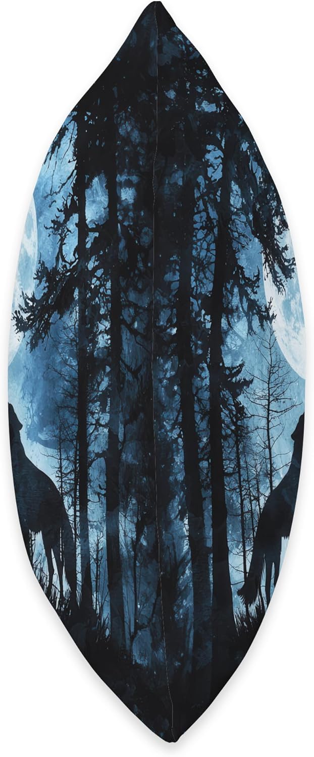 Two Wolves Howling at the Blue Moon in a Dark Forest Throw Pillow