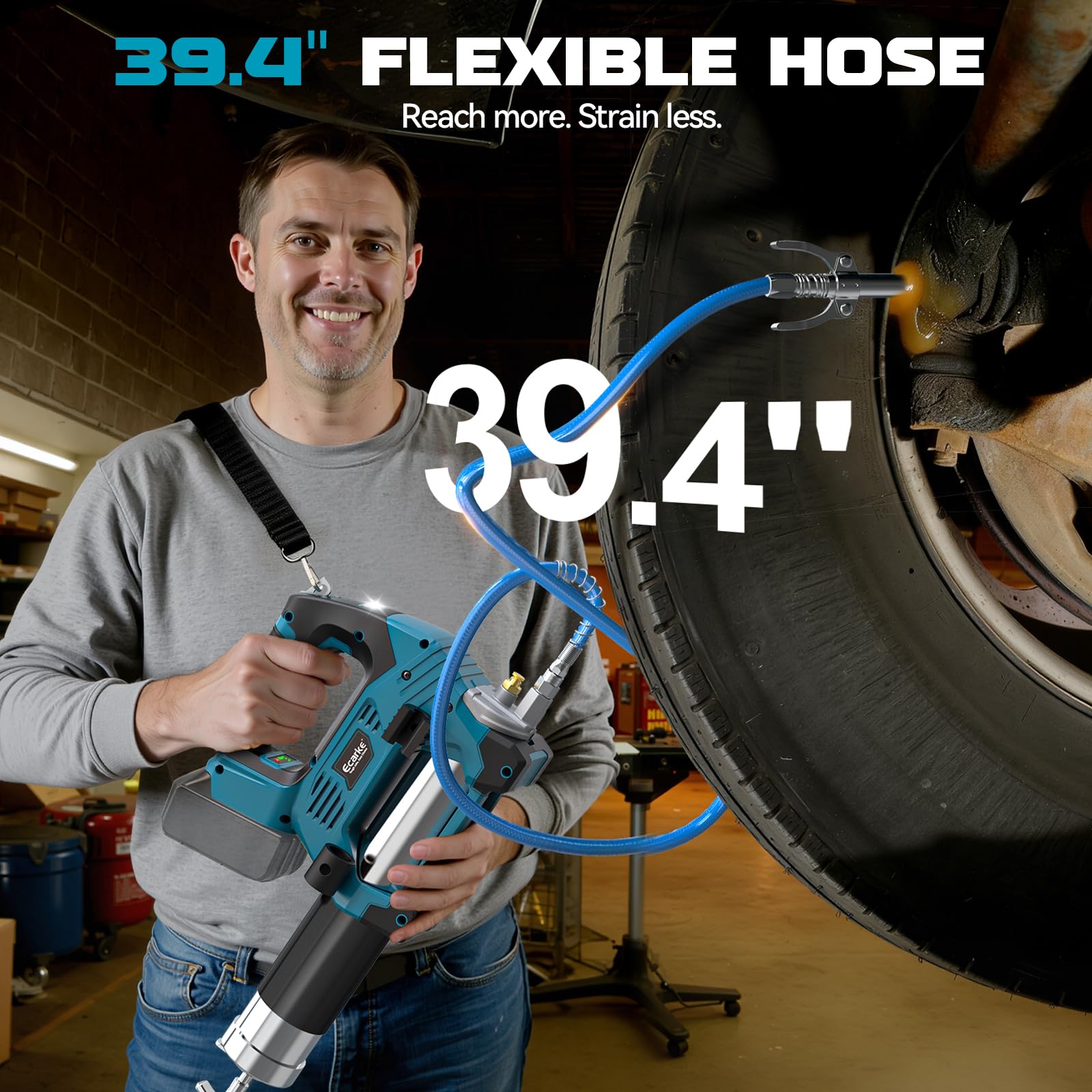 Ecarke Pistola per Grasso a Batteria 12.000 PSI Compatibile con Makita 18V, Motore Brushless, 3 velocità, Tubo Flessibile 1m, Adattatore 90°, Luce LED, Ideale per Macchinari Pesanti(Senza Batteria)