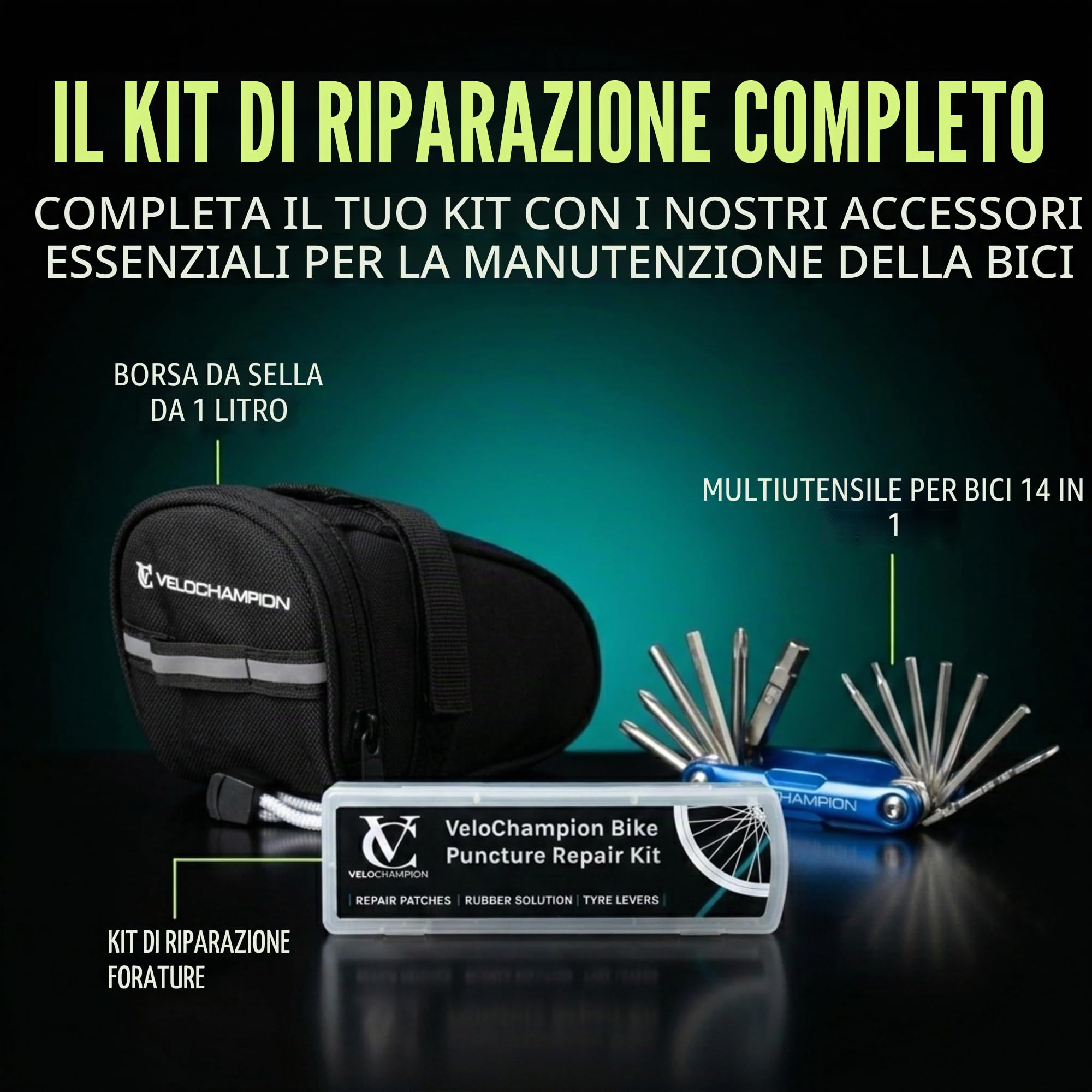 VeloChampion Kit di Riparazione Forature per Bici con Soluzione Vulcanizzante e Custodia Portatile. Per Bici da Strada, MTB e City Bike. Include 11 Toppe di Riparazione e 3 Leve Smontacopertoni.