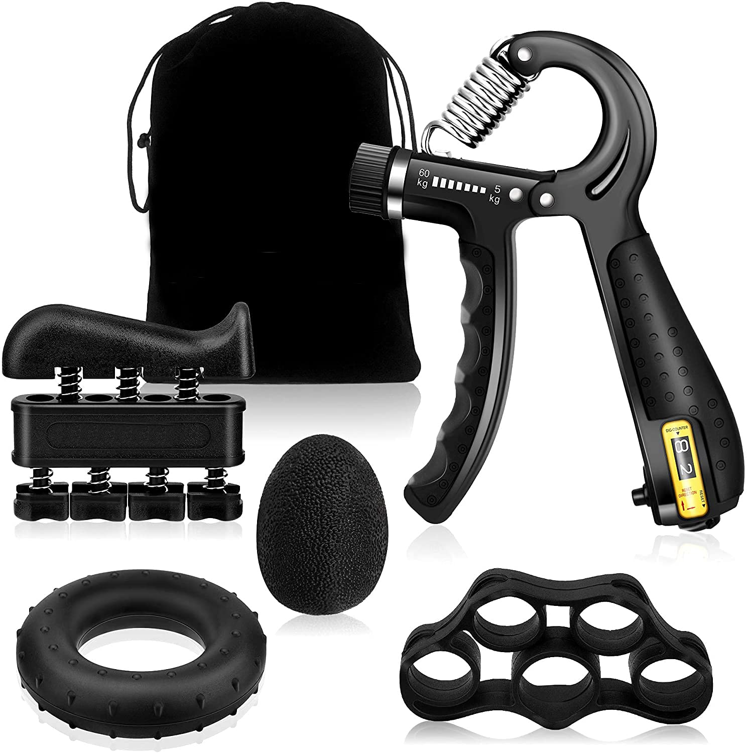 Arabest 5 Pack Grip Strength Trainer Set - Adjustable Hand Exerciser With Counter, Finger Stretcher, Trainer, Ring, Stress Relief Ball for Enhanced Strength and Recovery