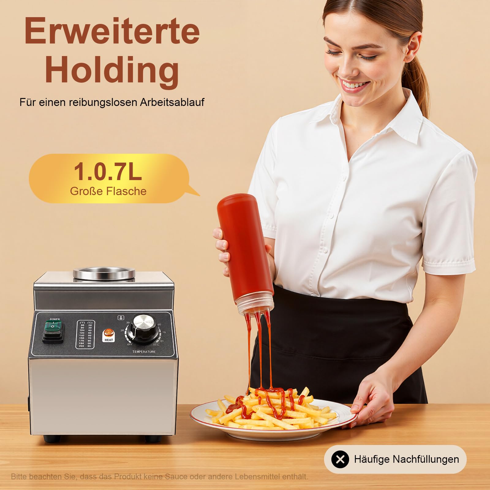 Scaldavivande elettrico per salse, 680 ml, bottiglia spremibile, controllo della temperatura 30-85 °C, dispenser per salse, scaldavivande, scaldavivande in acciaio inox, scaldavivande