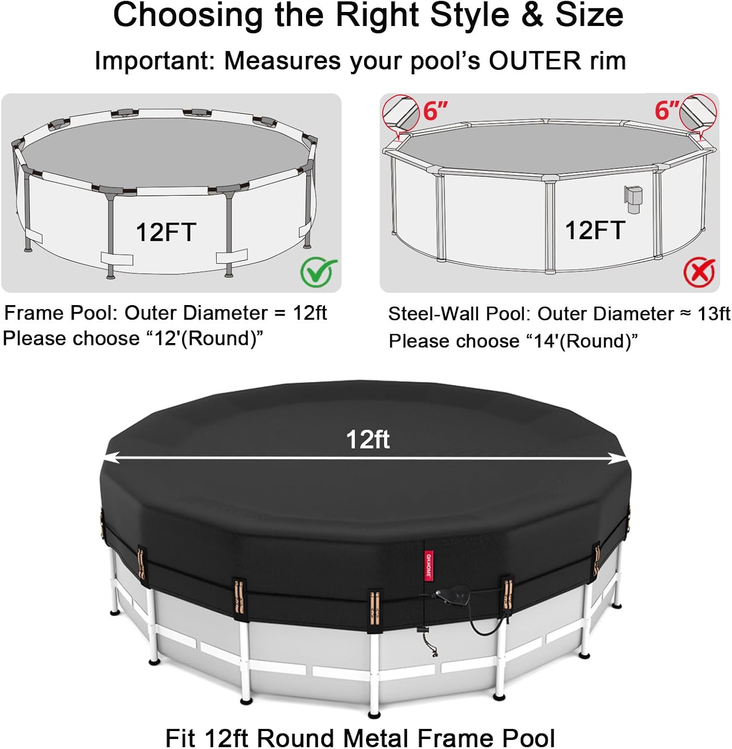 QH.HOME 12ft Round Pool Cover,[Ultimate Windproof & Tear-Resistant Fabric],Snug Fit with Patented Ratchet & Weight Rings,Solar Pool Cover for Above Ground Pools, Blocks Leaves &Waterproof 12'(Round)