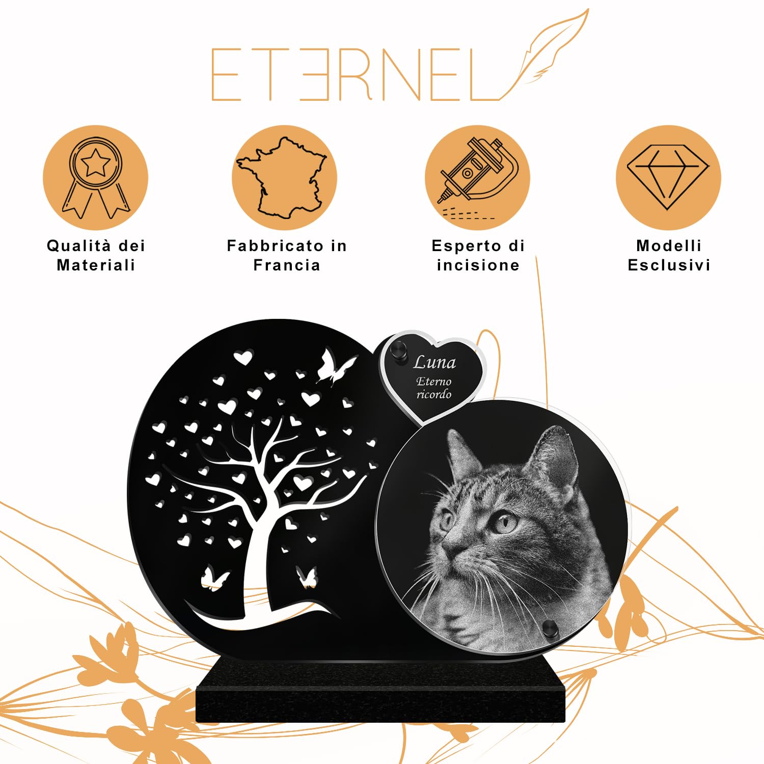 ETERNEL - Targa Funeraria Personalizzata Cuore Perpetuo per Animali - Cane, Gatto, Coniglio, Animali domestici, Foto e Testo personalizzabile, targa funeraria incisa al laser per omaggio