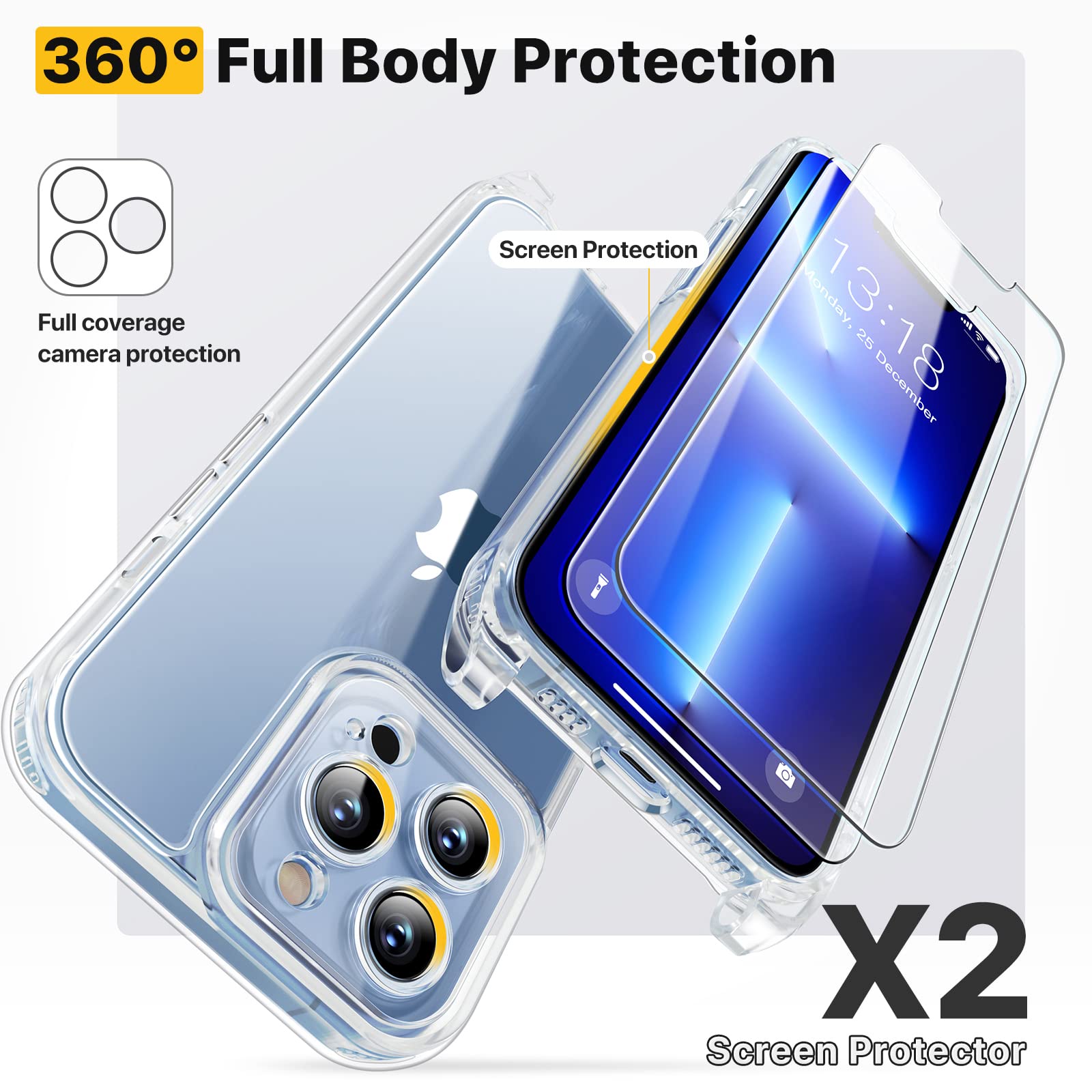 GOODVISH Cover Trasparente con Cordino per iPhone 13 Pro Max 6.7'', con 2 Pellicola Vetro Temperato, Custodia con Regolabile Laccio Tracolla, [Antiurto] [AntiGraffio] Case con Collana, Blu
