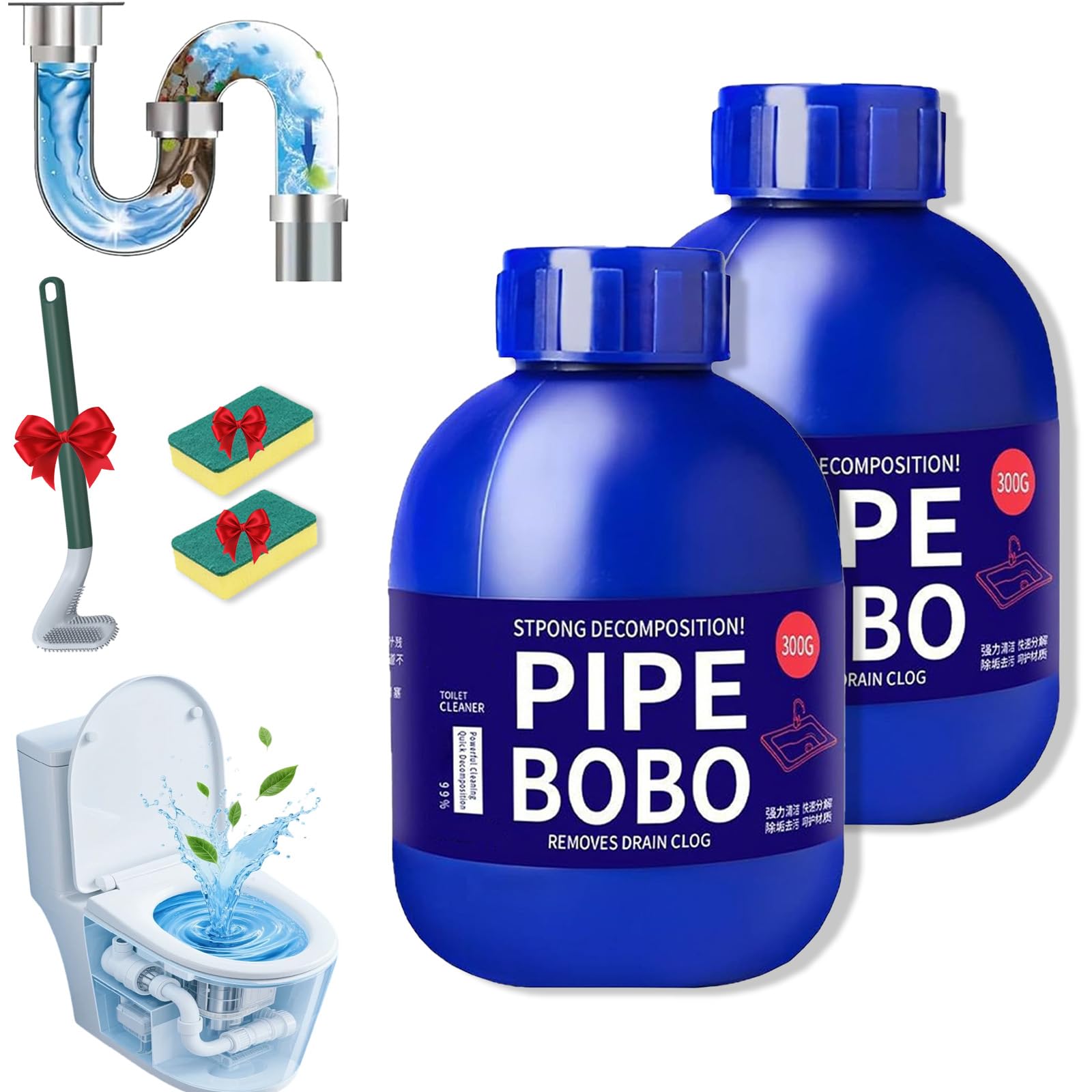 Pipe Bobo Rohrreiniger, Pipe Bobo Cleaner, Strength Pipeline Dredging Agent, Professionelles Abflussreinigungsmittel für Außenbereiche, Küchenspülen, Duschen, Badezimmer, und Toiletten (2pc)