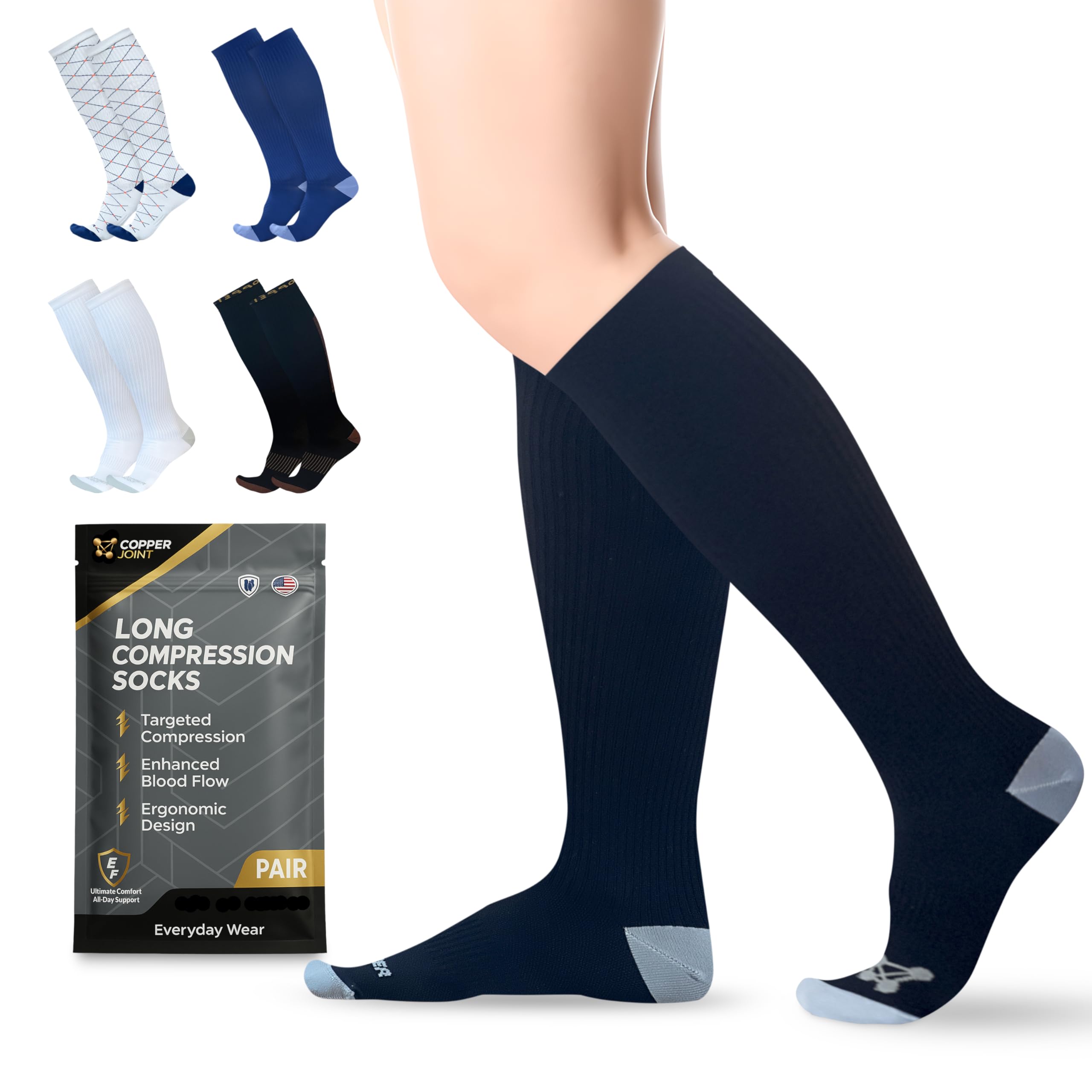 CopperJoint Copper Compression Socks for Women & Men, Knee High Support Stockings, Comfortable Compression for Work, Travel, Pregnancy and Everyday