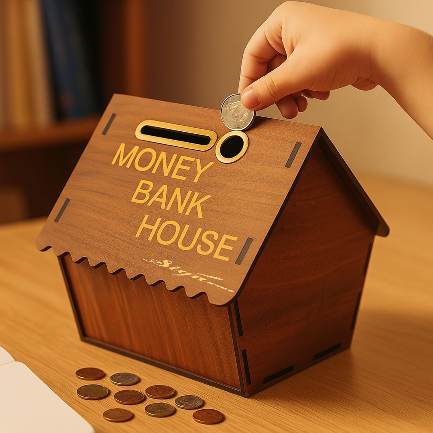 Signamio Wooden Money Saving Box for Adults - House Shaped Piggy Bank 100000, Elegant Money Box for Secure Savings and Home Decor, Durable Wooden Material 2