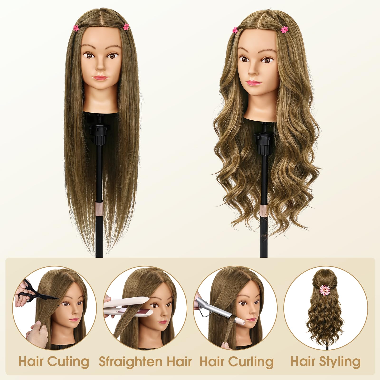 Testa Parrucchiere 80% Veri Capelli Testina con Morsetto (Marrone latte) | TopDirect 66cm Testina Parrucchiere Capelli per Acconciature Manichino Cosmetologia Formazione con DIY Accessori per Capelli