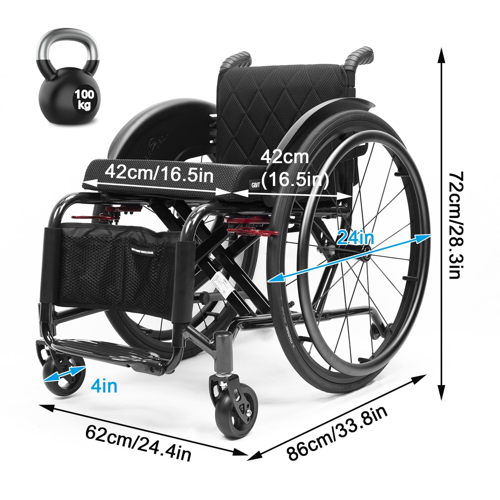 Silla de Ruedas plegable Ultra-ligera de aluminio con freno,Silla De Ruedas Deportiva, Ruedas extracción con un botón,Silla de Ruedas Autopropulsable para Adultos(Seat width 42cm/16.5in,B)