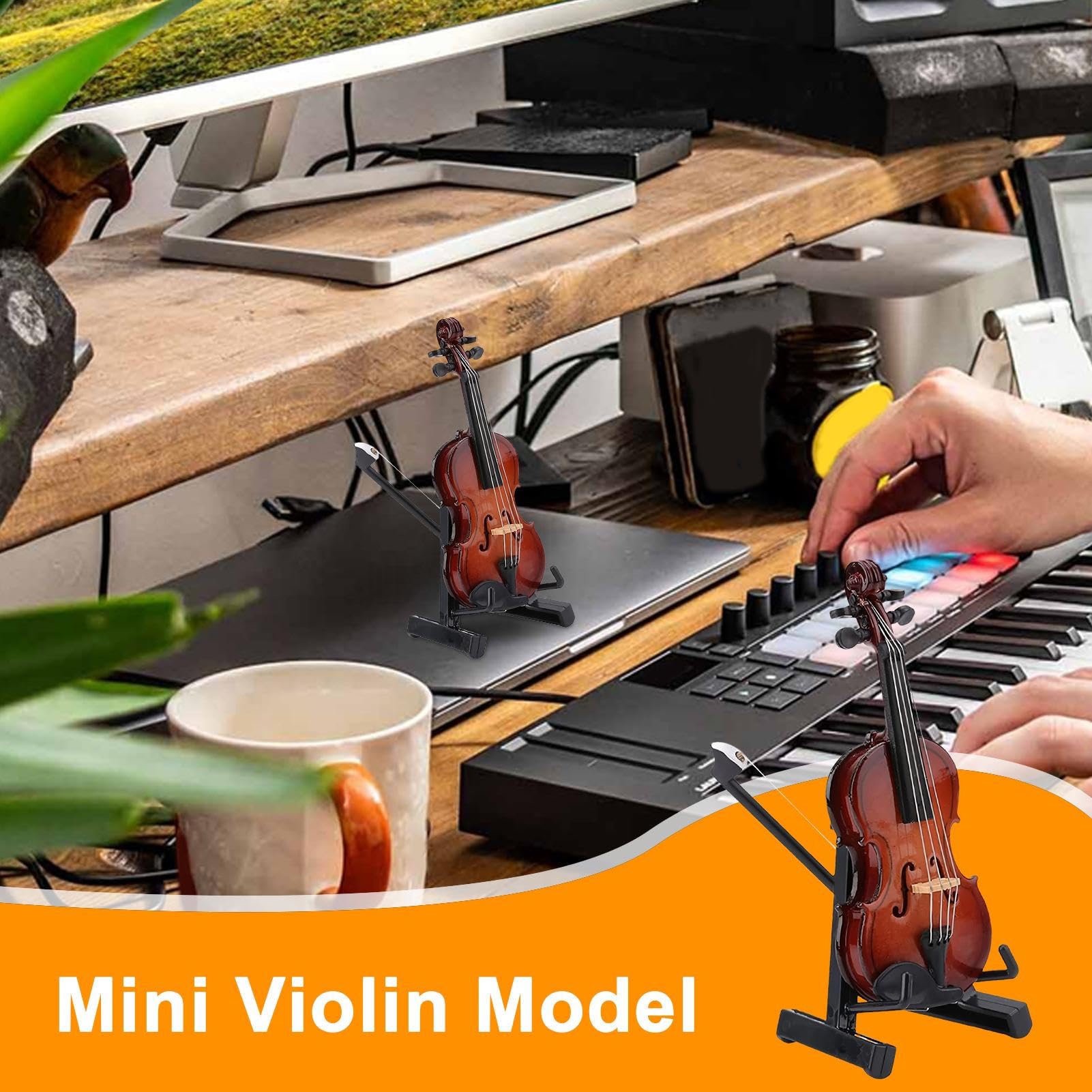 Generisch Violino in miniatura in legno con supporto, mini strumento musicale con supporto, modello da collezione, decorazione per casa delle bambole, soggiorno, camera da