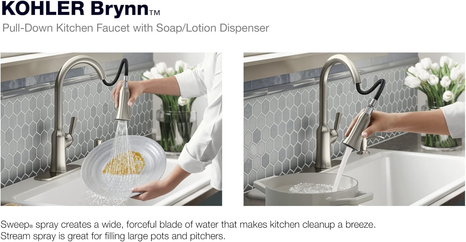 KOHLER Brynn Pull Down Kitchen Faucet, 2 function sprayhead, Magnetic Docking, Stainless Steel, K-R23089-SD-VS