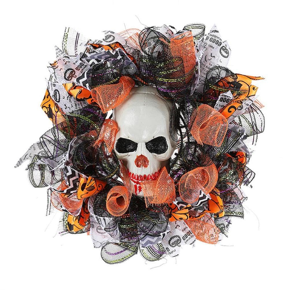 Halloween Totenkopf-Kranz Mit LED - Gruselige Deko Für Tür & Wand (35cm)