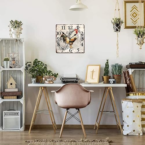 Miniatura 7 de Reloj de pared de madera de 10 pulgadas sin tictac, silencioso, oxidado, de granja, gallo y pollo, cuadrado, reloj de pared clásico de estilo