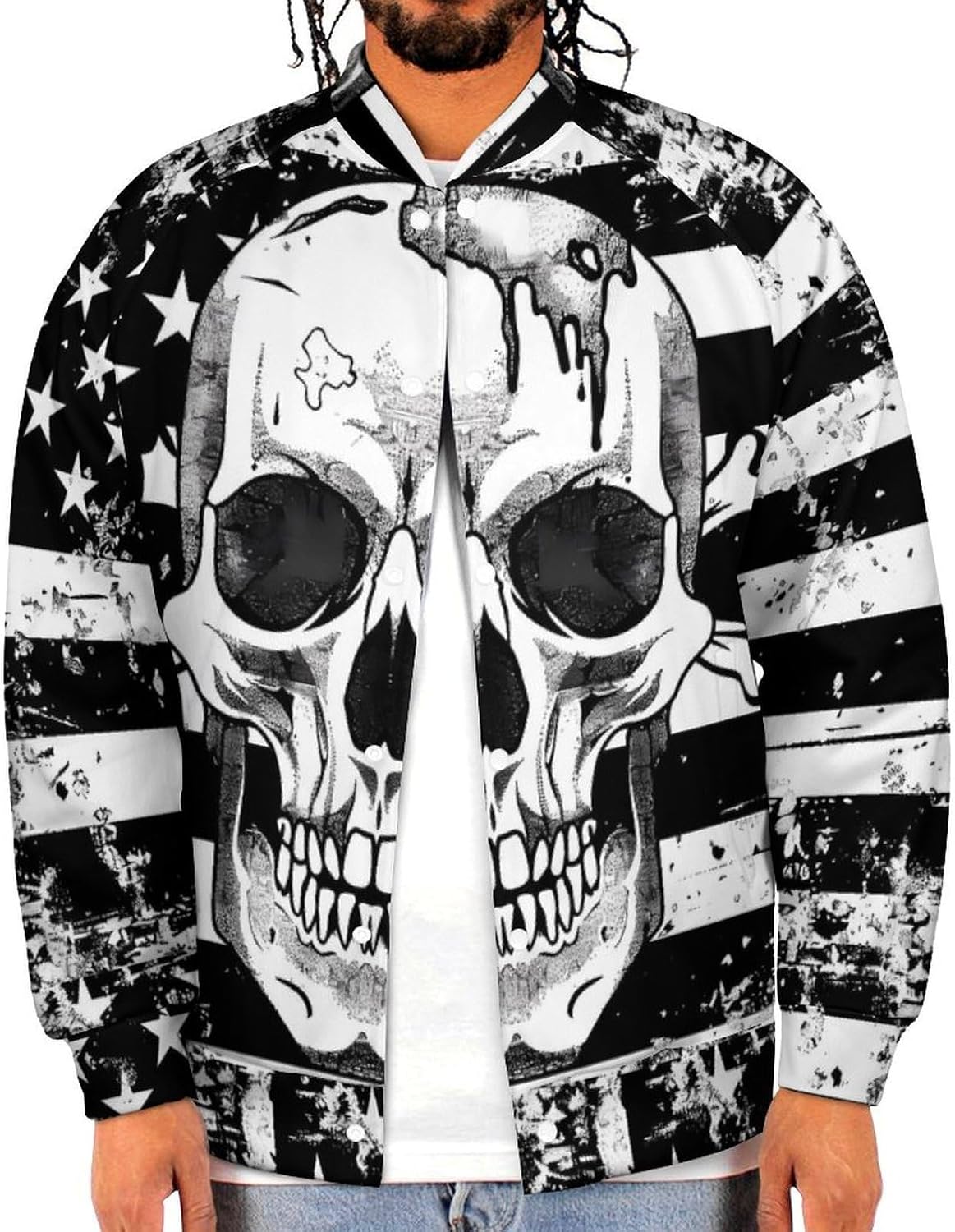 Black White US Flag with Skull Novelty Men's Baseball Jackets Causal Sweatshirt Button Top Long Sleeve Coat