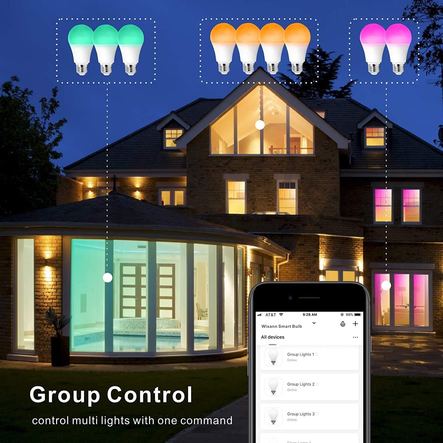 A19 E26 Multicolor 10W LED Light Bulbs, Smart WiFi Light Bulb Compatible with Alexa and Google Home Assistant, LED RGB Color Changing and 4000K 100W Equivalent, No Hub Required, Pack of 2