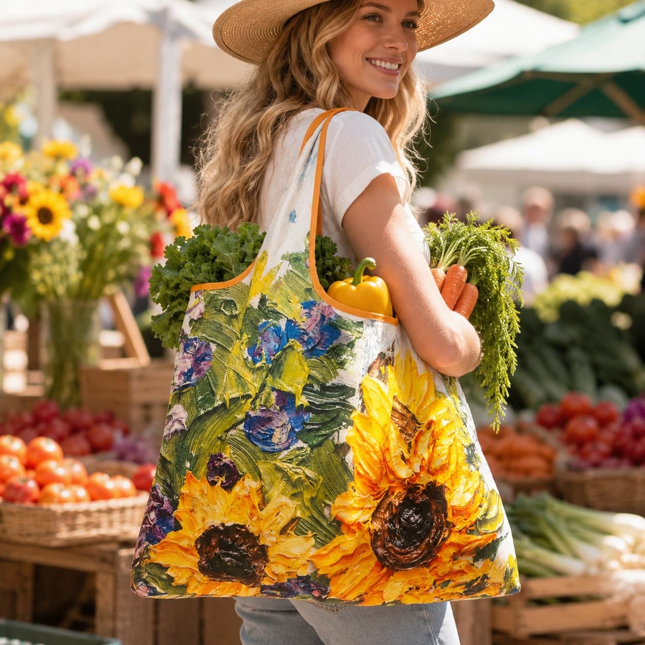 Foldable Grocery Tote Bag, Sunflower Print Shoulder Bag for Errands Travel
