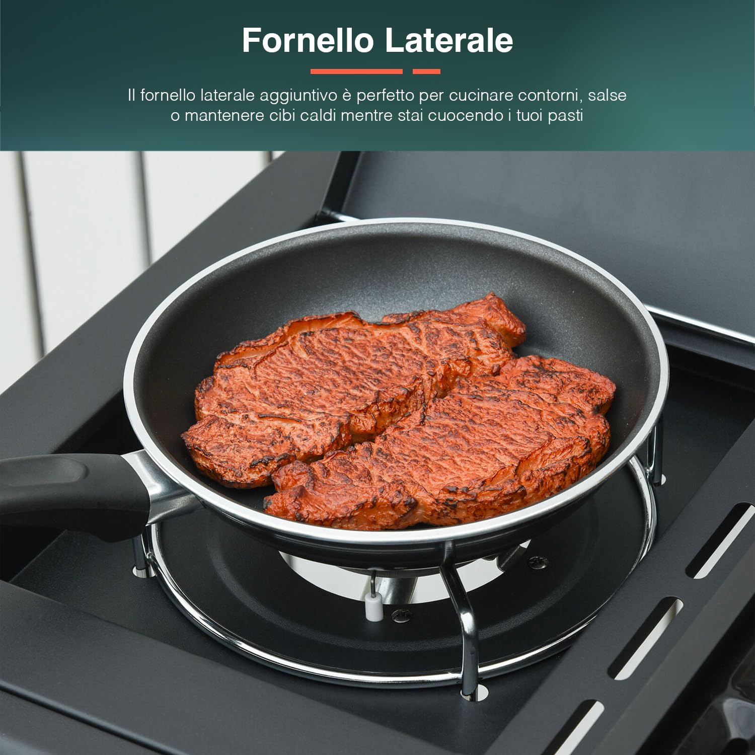 Avilia BBQ Gas 4 Bruciatori, Fornello Laterale, Doppia Griglia, Termometro Integrato e 4 ruote, in Acciaio Lucido Ideale per Giardini e Terrazzi, 136x53x105.5cm, Nero