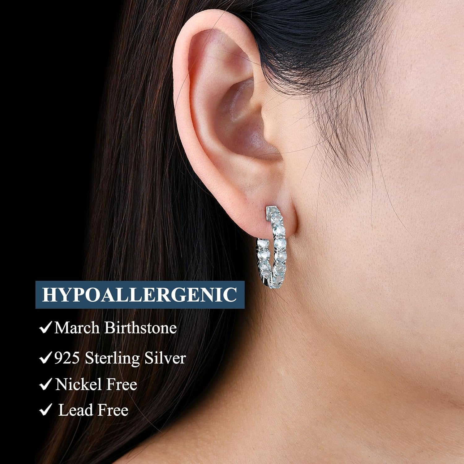 Hoop Earrings for women 925 Solid Sterling Silver, Natural Gemstone with 24 Grains Round Shape Main Stone Rhodium Plated Classic Style Fine Jewelry for Birthday Christmas Gifts