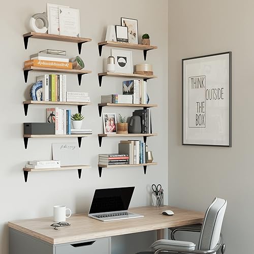 Miniatura 8 de Wallniture Arras Wood Floating Shelves for Wall Storage, Small Bookshelf Set of 10, Hanging Book Shelves for Living Room, Bedroom, Office, Burned