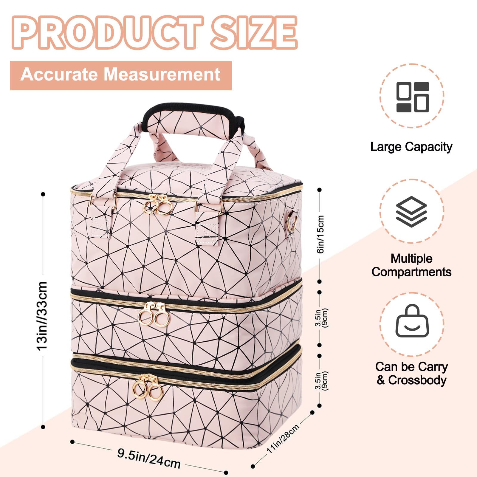 Borsa organizer per smalto unghia, grande capacità, tre strati, custodia da viaggio con tracolla, rosa, per 84 bottiglie di smalto unghia