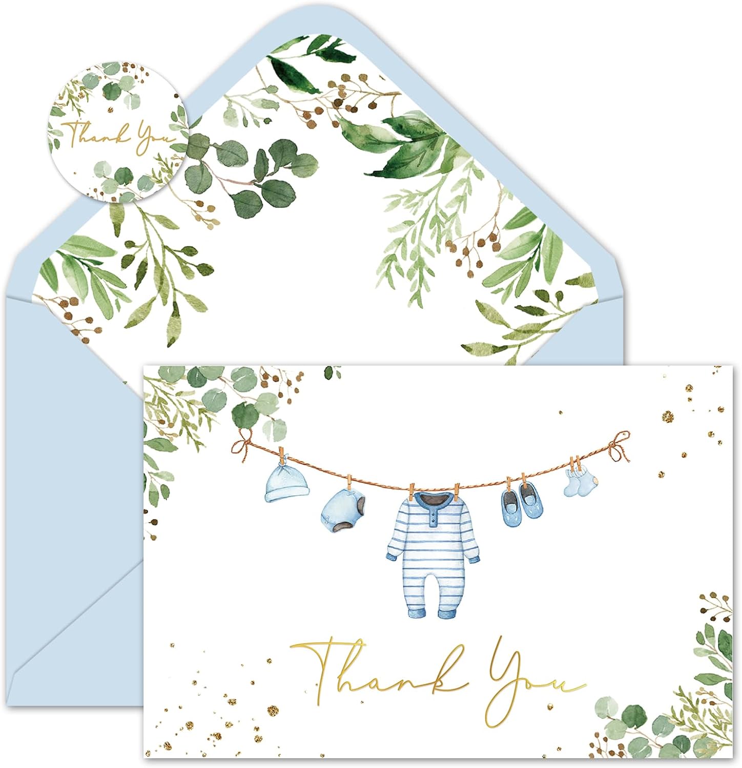 Whaline 100 Pack Baby Shower Thank You Cards Boxed Greeting Cards Blue Baby Cloth Note Card with Envelope Sticker for Birthday Gender Reveal
