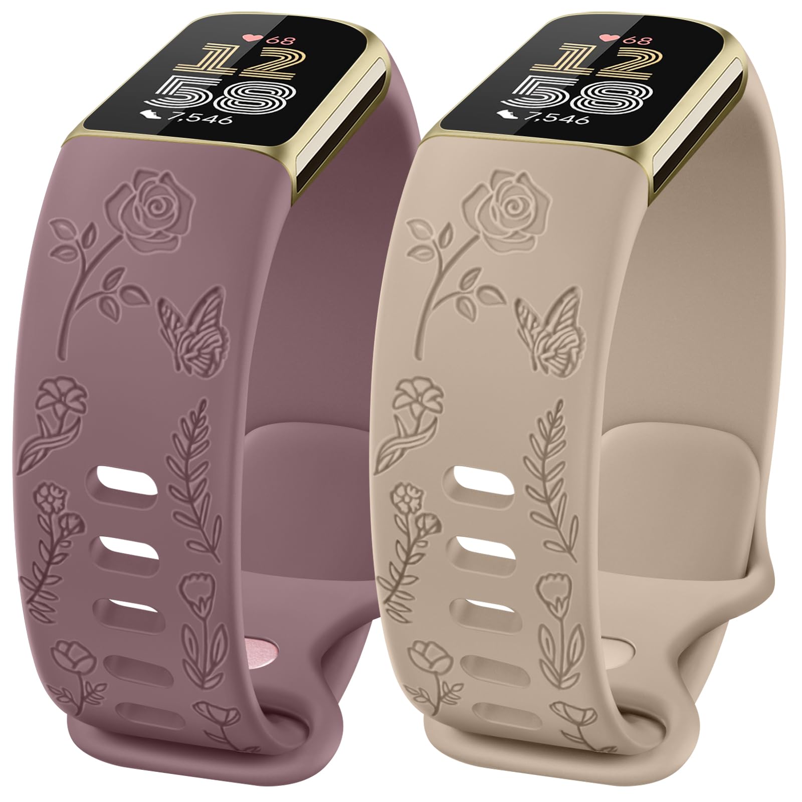 AMCC [2 Pack] Floral Engraved Straps compatible with Fitbit Charge 6 / Charge 5 Strap for Women, Soft Silicone Adjustable Wristband Replacement Strap (2-PACK 06)