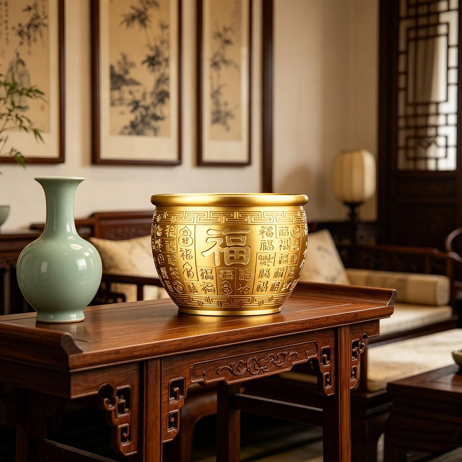 Miska na skarby Feng Shui, miska na pieniądze chińskiej fortuny Mosiężna miska z róg obfitości Feng Shui Umywalka na skarby Miska na bogactwo Złota miska na ofiarę na sukces,B,S