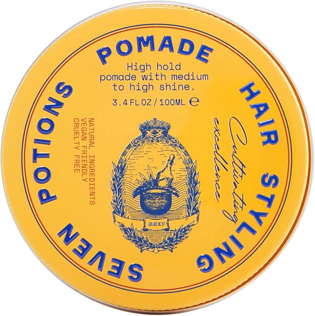 Seven Potions Men's Natural Pomade  Natural, Water-Based, High Shine, High Hold Hair Styling Product  100% Vegan, Cruelty Free (100ml)