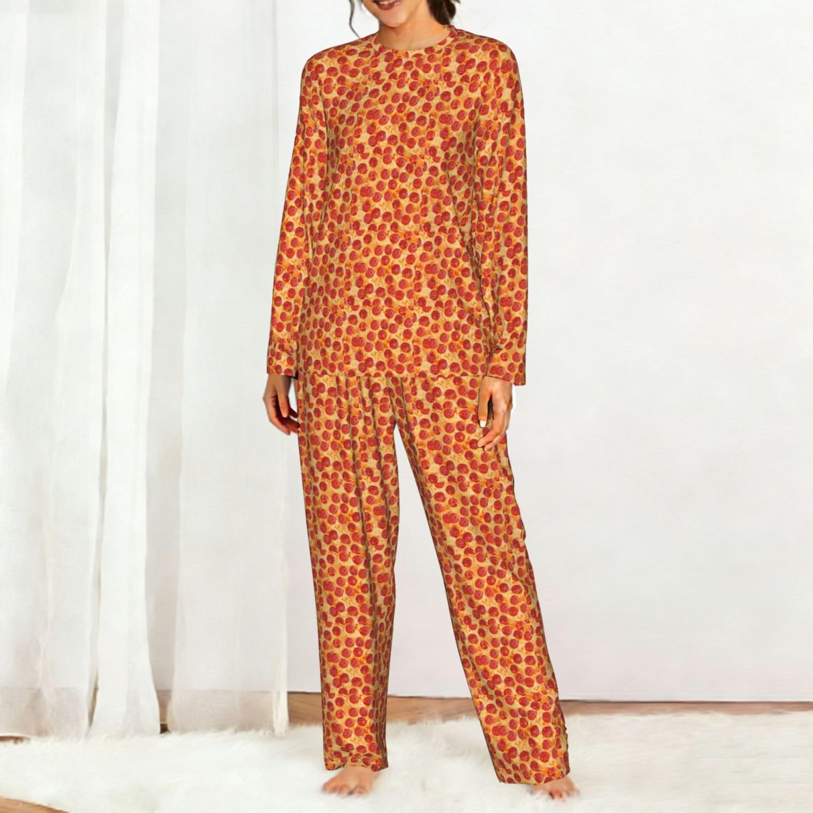 3d Pizza Pepperoni Stampa Delle Donne Manica Lunga Pigiama Corrispondente Morbido Elastico Coulisse Casual Daywear