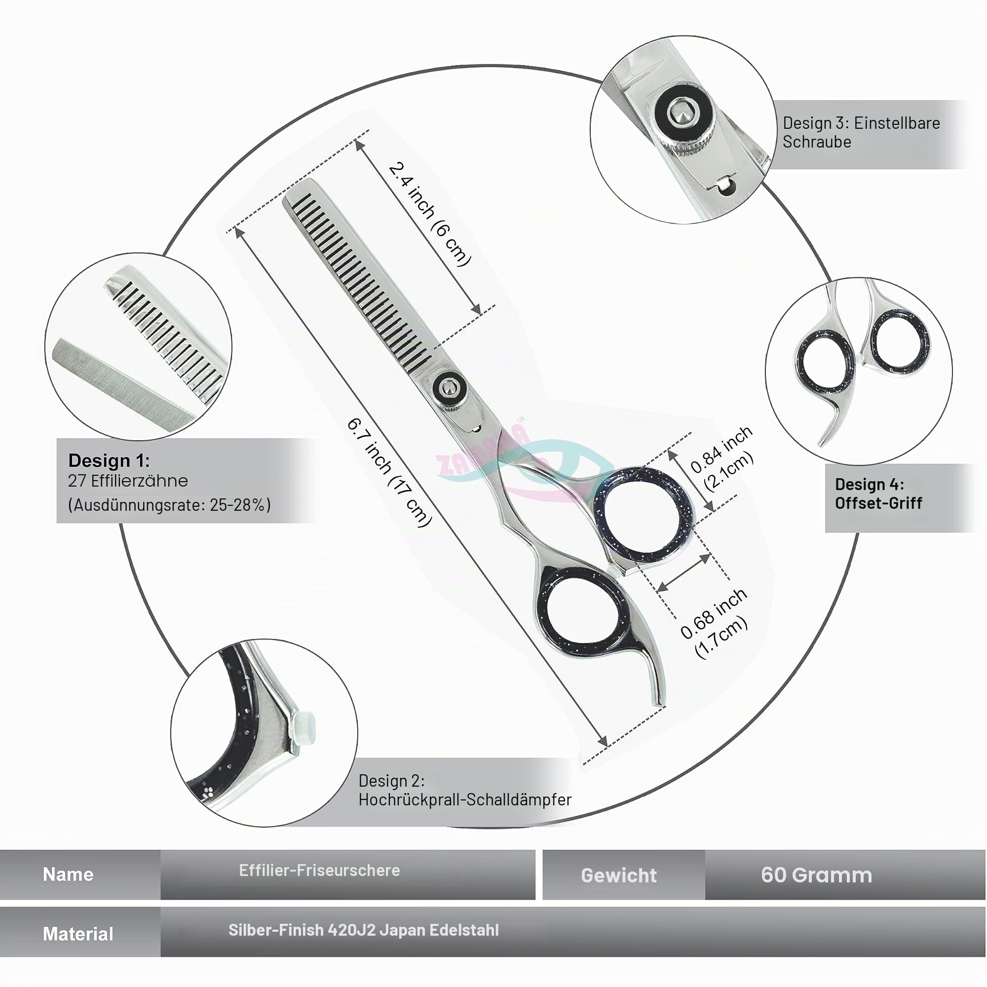 ZAMAHA Lefty Friseur Professionelle Haarrasierschere - Linkshänder 16,5 cm Haarschere (Schneiden + Ausdünnen) - Poliertes Finish
