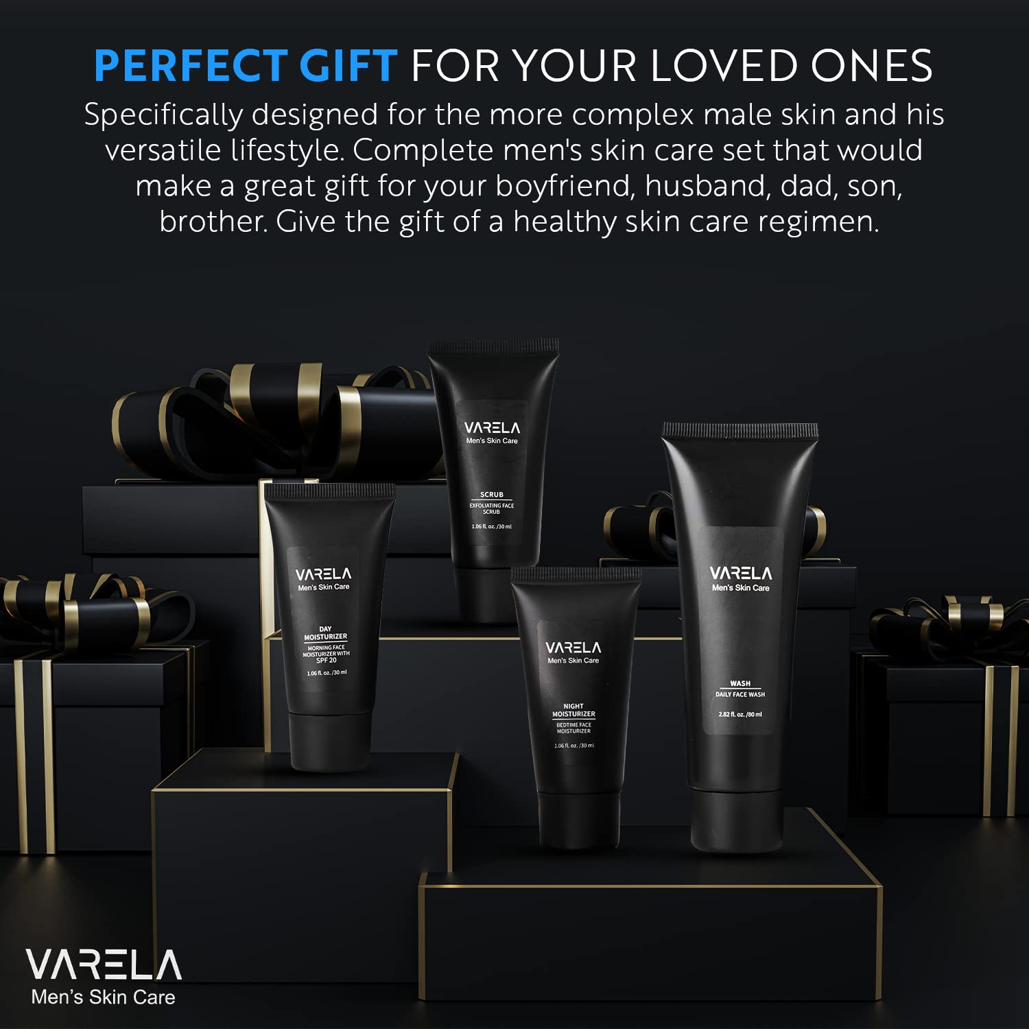 VARELA - Premium Men's 4pc Skin Care Set | Men's Face Scrub | Men's Morning Moisturizer with SPF20 and Men's Evening Moisturizer | Men's Face Cleanser | 1 Month Supply