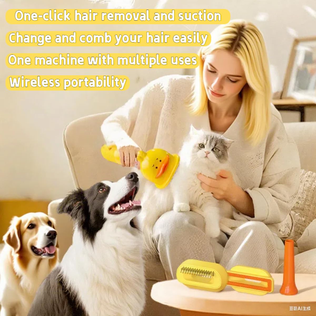 3-in-1 Hair Brush,Self Cleaning Slicker Brush/Cat & Dog Blow Dryer Portable/Hair Suction Device,Suitable for Pets with Long or Short Hair Dog & Cat