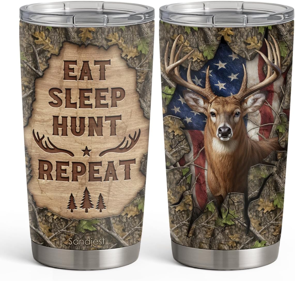 SANDJEST Hunting Tumbler 20oz, Stainless Steel Travel Cup with Lid, Eat Sleap Hunt Repeat Insulated Coffee Mug, Hunting Gifts for Men Friends Dad Grandfather on Birthday Christmas