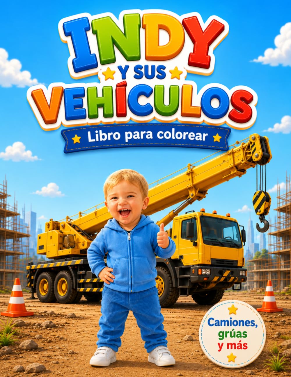 Indy y sus vehículos: Libro para colorear: camiones, grúas y más