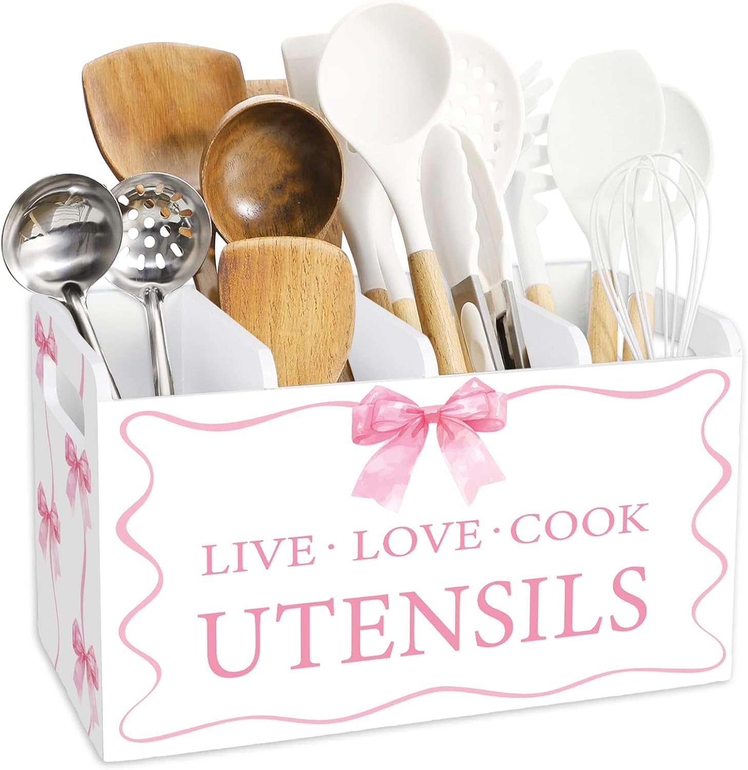 ピンクボウ木製食器ホルダー 4つのコンパートメント 大きな水彩蝶結び 調理用具オーガナイザー ホームキッチン カウンタートップストレ