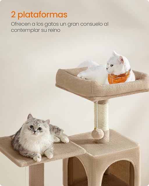 Foto 3 de 7 de Feandrea Árbol para Gatos, Altura 143 cm, Torre de Gatos, con 4 Postes Rascadores, 2 Plataformas, 1 Cueva