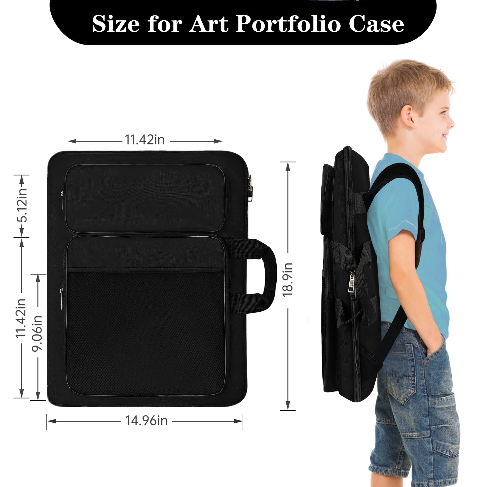 TreochtFUN Art Portfolio Kids Artwork,Art Bag15 X 18 For Child Artwork 8K Organizer,A3 portfolio Case For Carrying Artwork With Tote And Backpack (Black)