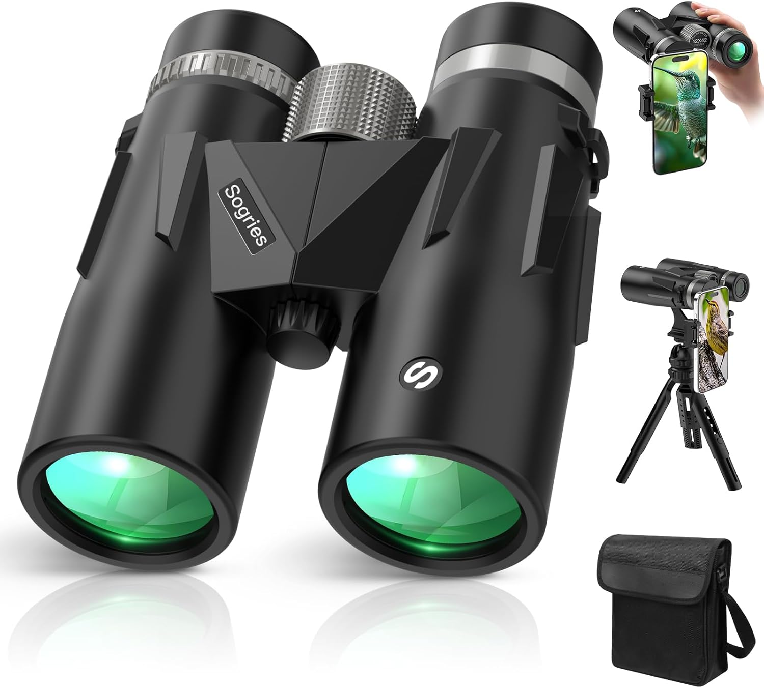 12x42 HD Binoculars for Adults High Powered with Phone Adapter, Tripod & Tripod Adapter, BAK4 Prism, Super Bright & Waterproof - Wide View for Bird Watching, Hunting, Hiking, Travel, Low Light Vision