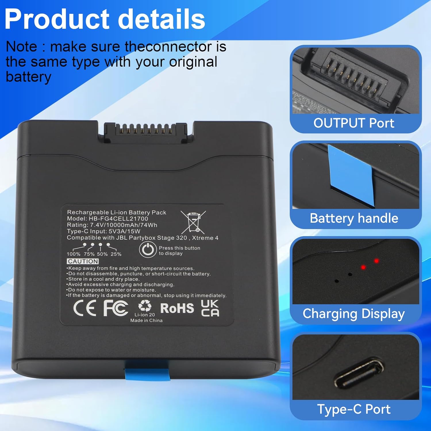 MULS 10000mAh Replacement Battery Compatible with JBL PartyBox Stage 320,Xtreme 4 Portable Speaker,Rechargeable for JBL Battery 400 7.4V 74Wh Include USB-C Port - Image 5