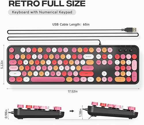 Miniatura 7 de Atelus Teclado de computadora con cable USB, teclado retro de máquina de escribir, teclado de oficina de tamaño completo con teclado numérico,