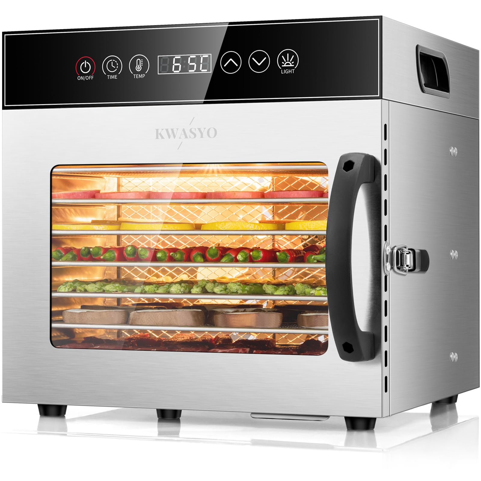Kwasyo Food Dehydrator 8 Trays, 600W Stainless Steel Dehydrator, Food Dryer UK with Digital Timer and Temperature Control, Overheat Protection, Recipe Book Included