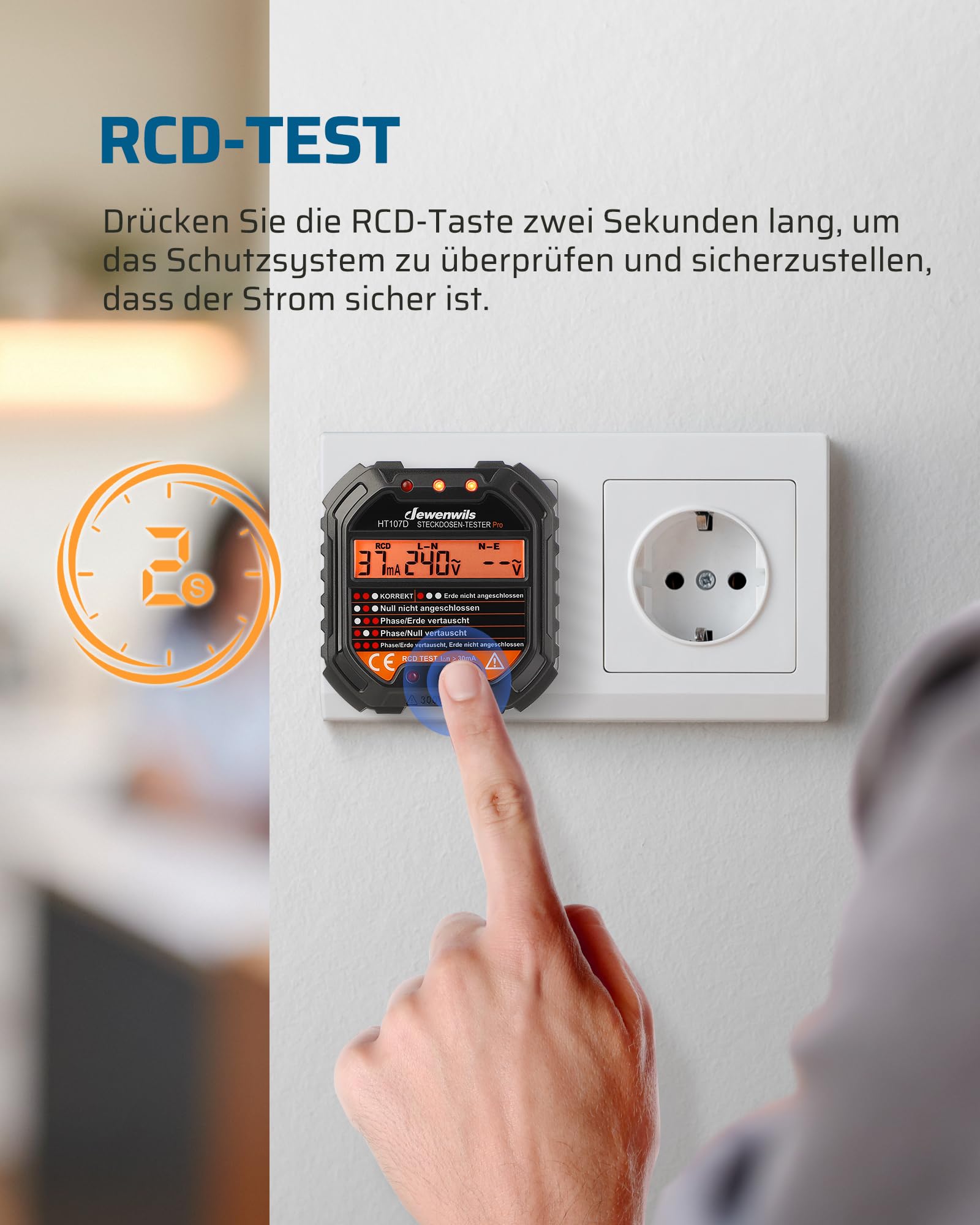 DEWENWILS Probador de Enchufes con Prueba RCD y Pantalla de Voltaje LCD, Pantalla de Luz Indicadora, Prueba FI, 48-250V/45-65Hz, CAT ll 300V